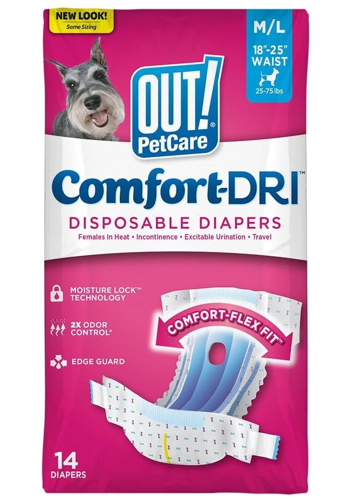 OUT! Pet Care Comfort-DRI Disposable Female Dog Diapers - Absorbent, Leak-Proof Fit, M/L - 14 Pack - Image 1